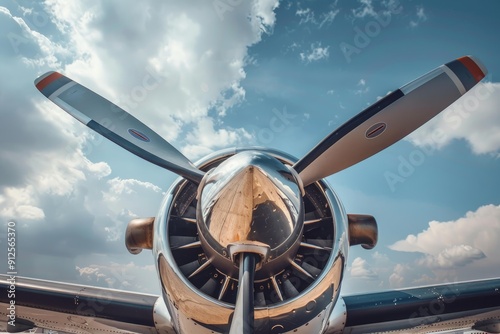 Low angle view of a vintage aircraft with a shiny propeller engine, suggesting a sense of adventure and nostalgia