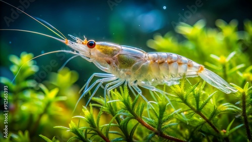 A translucent, delicate, freshwater shrimp with an almost invisible clear shell, showcasing its intricate inner details, suspended amidst soft, blurred aquatic plants and gentle water flow. photo