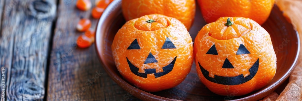 Healthy kid friendly snack Bowl of clementines with adorable jack o lantern faces for Halloween party Healthy kid friendly snack Bowl of clementines with adorable jack o lantern faces for Halloween party