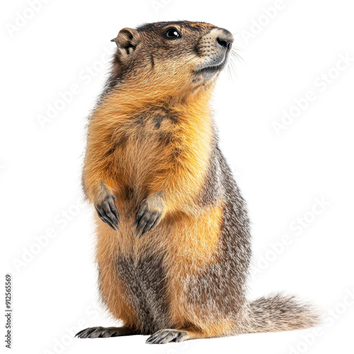 Yellow-Bellied Marmot Standing Alert on White Background