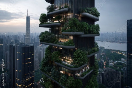 An impressive high-rise tower with lush balcony gardens, representing futuristic urban living that integrates nature with architecture, providing serenity and innovation. photo