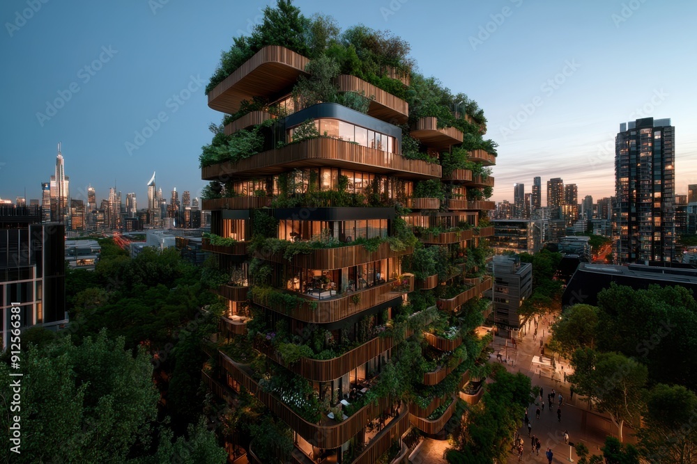 A futuristic high-rise building with greenery integrated into its design, standing tall in a bustling cityscape. The building's architecture merges nature and urban living. A futuristic high-rise building with greenery integrated into its design, standing tall in a bustling cityscape. The building's architecture merges nature and urban living.