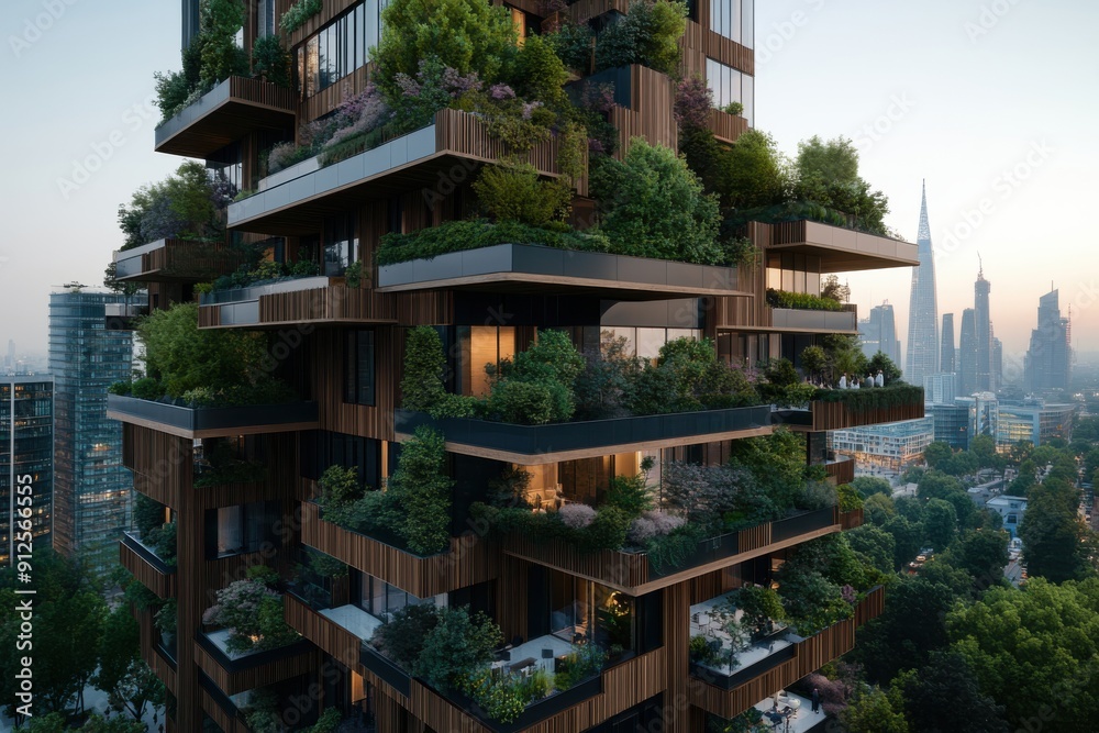 A contemporary high-rise building featuring cascading green terraces, seamlessly blending modern architecture with lush vegetation, highlighting innovative urban living concepts. A contemporary high-rise building featuring cascading green terraces, seamlessly blending modern architecture with lush vegetation, highlighting innovative urban living concepts.