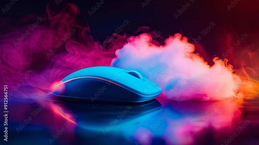 wireless mouse in the form of a cloud, colorful background, neon light, copy space wireless mouse in the form of a cloud, colorful background, neon light, copy space