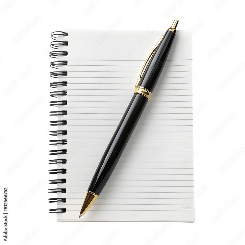 Black pen is placed on top of a spiral notebook with lined pages, set against a clear background Black pen is placed on top of a spiral notebook with lined pages, set against a clear background