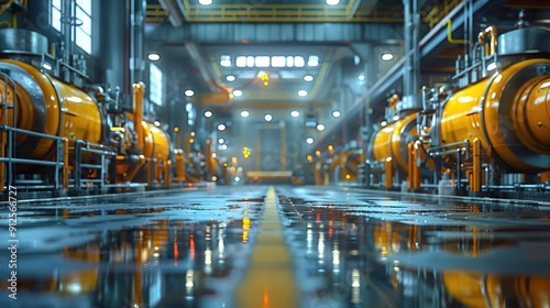 Industrial 3D Render: Wet Floor in a Factory with Yellow Machines