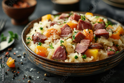 Choucroute or Alsatian-style sauerkraut with meat - popular french cousin dish, hi end kitchen photo