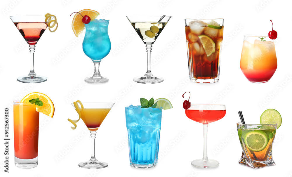 Many different cocktails in glasses isolated on white, collection Many different cocktails in glasses isolated on white, collection