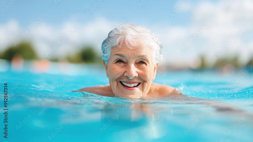 Fototapeta premium Senior radiates happiness during a lively water aerobics class.