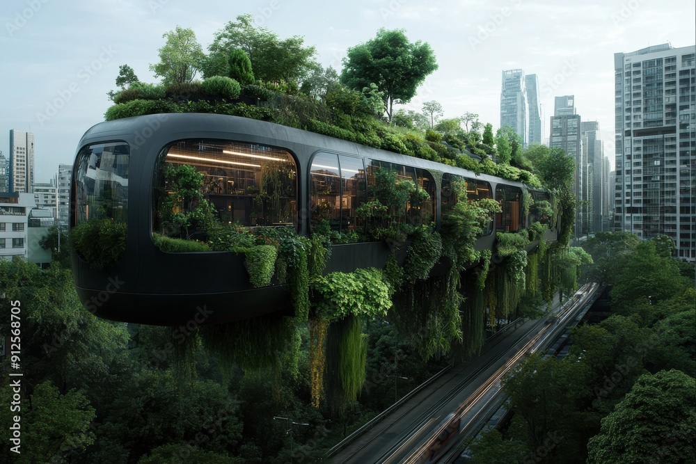 Naklejka premium A futuristic train entirely covered in greenery traverses a city's lush environment, emphasizing the harmony between advanced technology and nature within this urban jungle.