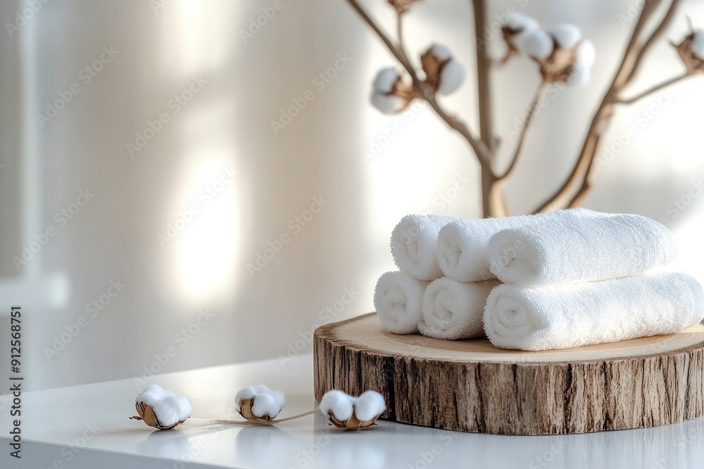 Wooden podium with cotton buds and cotton towels on light background. Presentation of cosmetics, natural product, ai