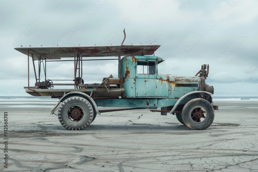 Obraz premium Old rusty vintage truck is slowly decaying on a deserted beach under a cloudy sky