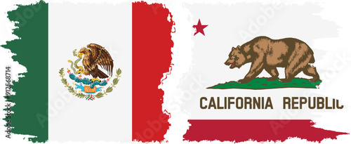 California and Mexico grunge brush flags connection, vector