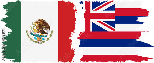 Hawaii and Mexico grunge brush flags connection, vector