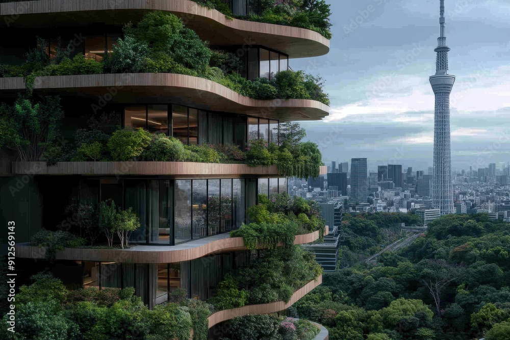 High-rise building featuring lush green terraces and a view of a cityscape dominated by modern skyscrapers and a famous tower in the backdrop. High-rise building featuring lush green terraces and a view of a cityscape dominated by modern skyscrapers and a famous tower in the backdrop.