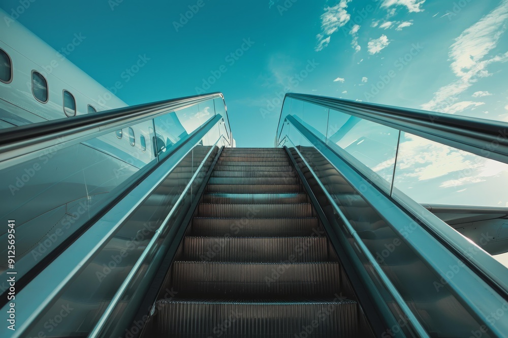 Empty escalator leading to airplane boarding against blue sky with clouds Empty escalator leading to airplane boarding against blue sky with clouds