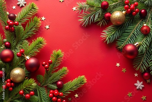 Wallpaper Mural Festive Christmas arrangement with green fir branches and decorations on a red backdrop Evoking the holiday spirit with a top view layout and copy space image Torontodigital.ca