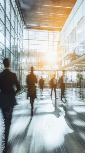 Bright business workplace with people in walking in blurred motion in modern office space	
