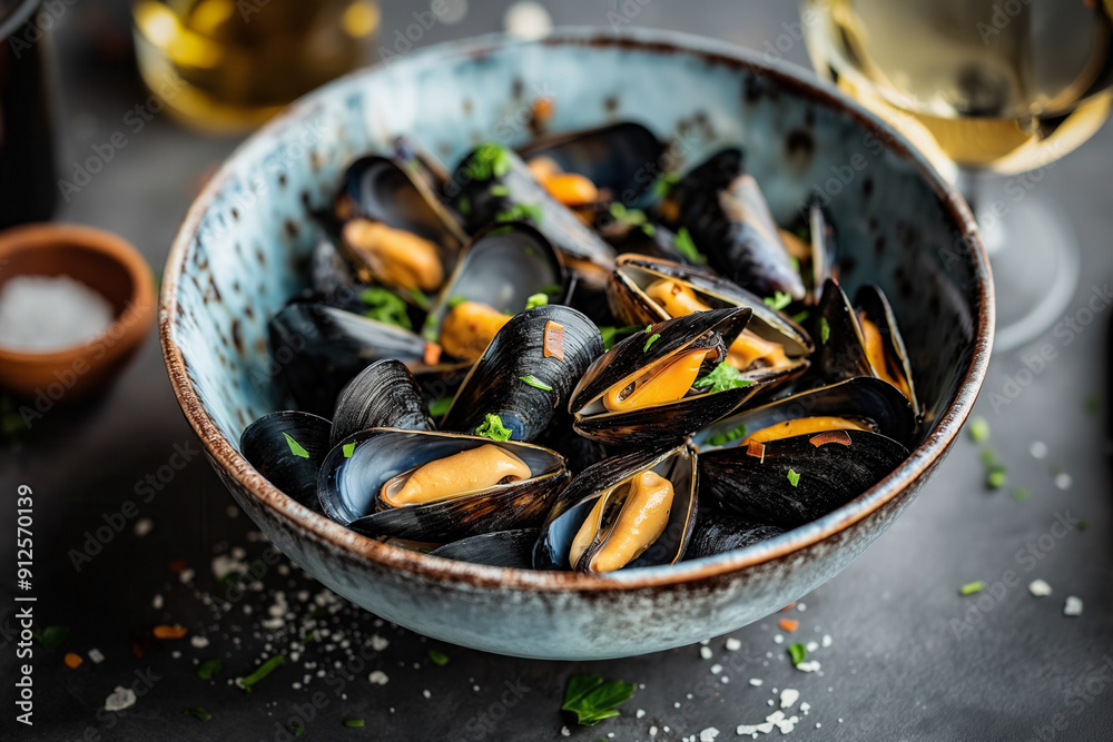 Moules Marinières or mussels in white wine - popular french cousin dish, hi end kitchen Moules Marinières or mussels in white wine - popular french cousin dish, hi end kitchen