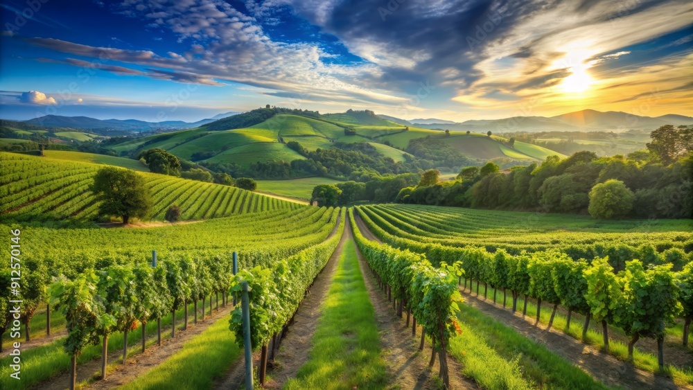 custom made wallpaper toronto digitalSerene landscape of a thriving vineyard with lush, emerald-green grapevines stretching towards the sky, set against a backdrop of rolling hills and clear blue horizon.