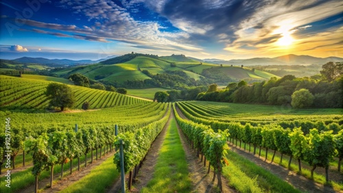 Wallpaper Mural Serene landscape of a thriving vineyard with lush, emerald-green grapevines stretching towards the sky, set against a backdrop of rolling hills and clear blue horizon. Torontodigital.ca