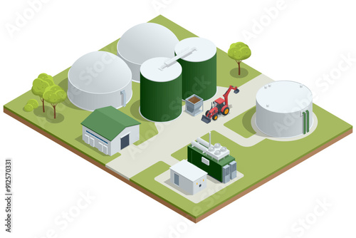 Isometric Modern biogas plant Biogas is an environmentally friendly clean, and cheap combustible gas produced from livestock manure and agricultural waste by microorganisms in an anaerobic environment