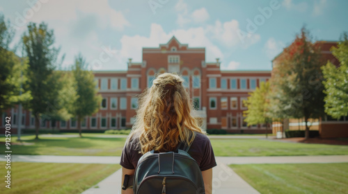 A student with backpack going into college or university or academy, concept of high education