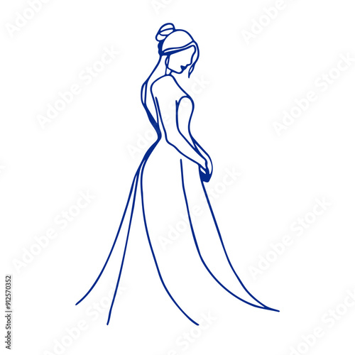 A slender woman wearing a long, flowing dress with a high collar and long sleeves, her hair styled in an updo