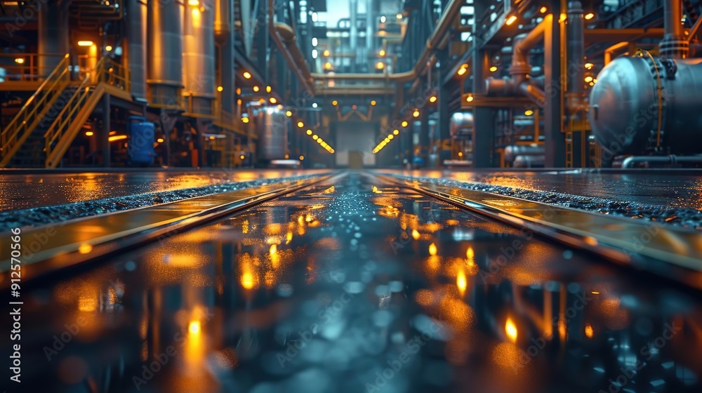 Industrial Factory Floor with Wet Steel Rail and Reflections of Lights - Photo Industrial Factory Floor with Wet Steel Rail and Reflections of Lights - Photo