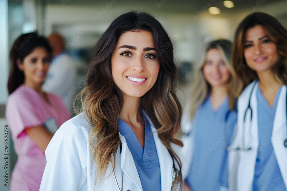Positive chief doctor woman posing for group portrait with diverse medical professional colleagues Positive chief doctor woman posing for group portrait with diverse medical professional colleagues