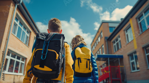 Back to school concept, back view of pupil with backpack going to school on a day
