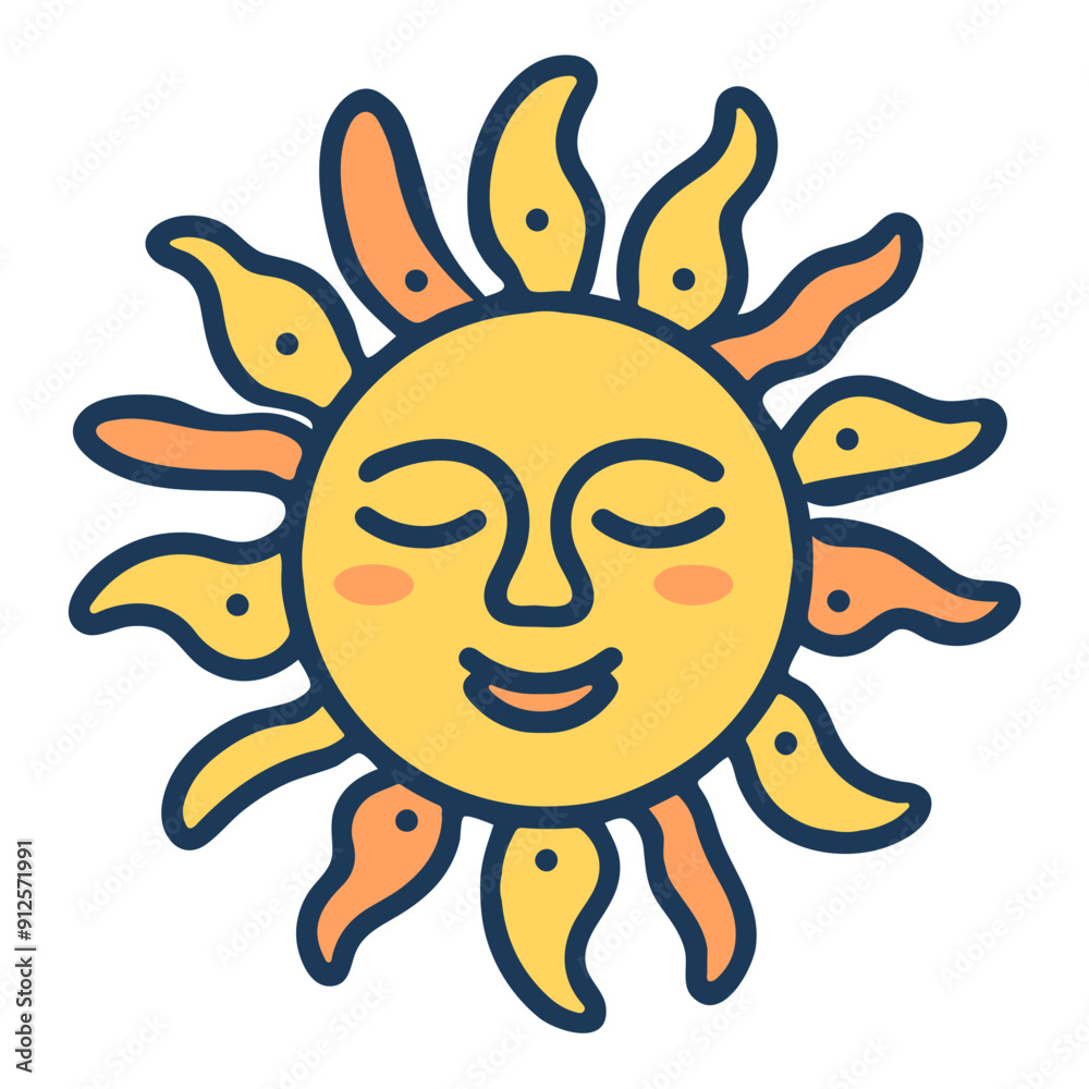 A smiling sun with a cheerful expression, featuring bright yellow rays and a whimsical, cartoon-like design A smiling sun with a cheerful expression, featuring bright yellow rays and a whimsical, cartoon-like design