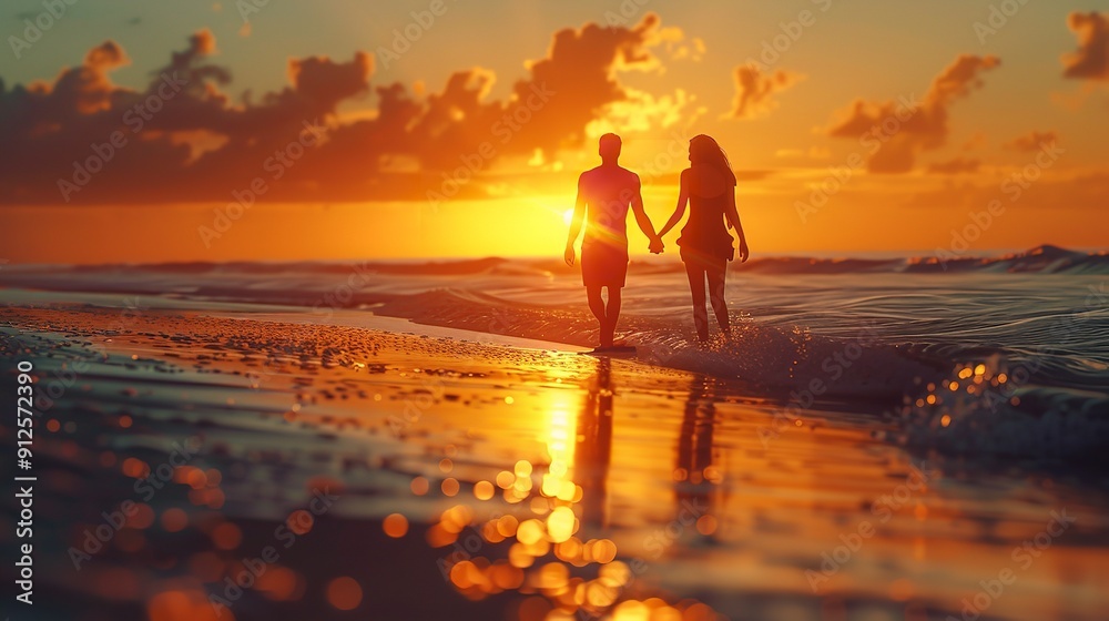 A romantic couple holding hands and walking along a picturesque beach at sunset A romantic couple holding hands and walking along a picturesque beach at sunset