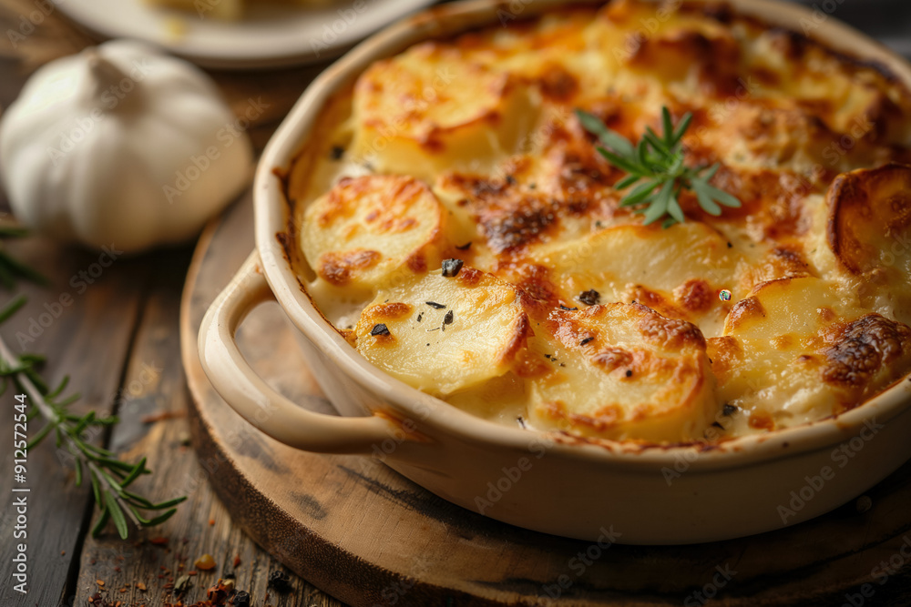 Tartiflette or casserole with potatoes and cheese - popular french cousin dish, hi end kitchen Tartiflette or casserole with potatoes and cheese - popular french cousin dish, hi end kitchen
