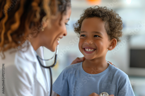 A child african american in a hospital smiling being treated by a pediatrician, medical care for children
