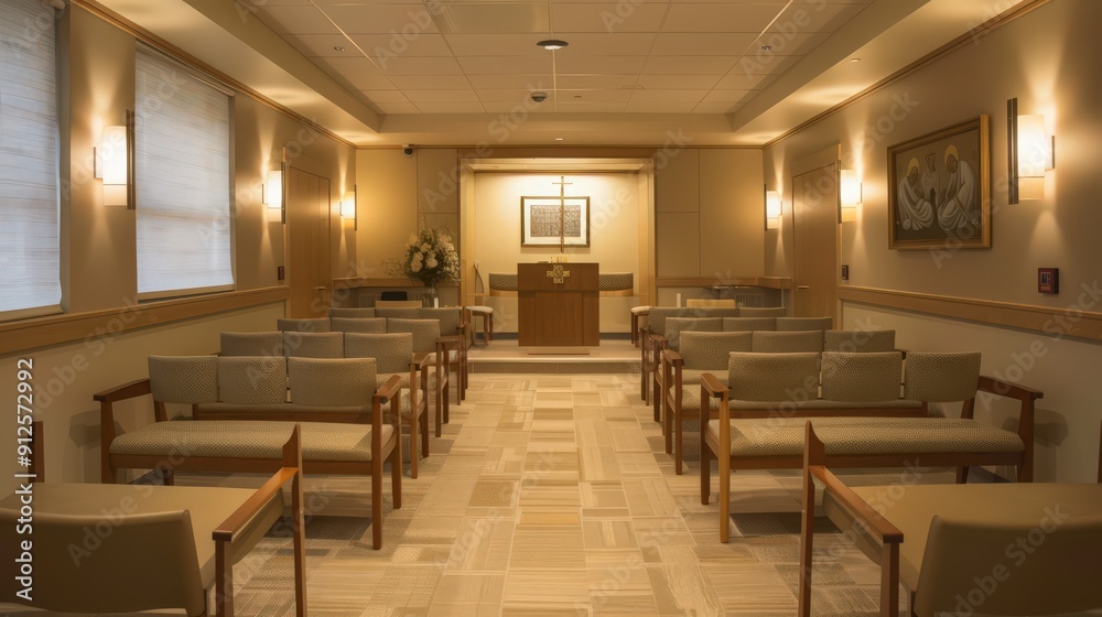A serene hospital chapel with soft lighting, comfortable seating, and simple, elegant decor. A serene hospital chapel with soft lighting, comfortable seating, and simple, elegant decor.