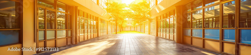 Elementary or middle school yard in the morning lights, education concept or background, copy space
