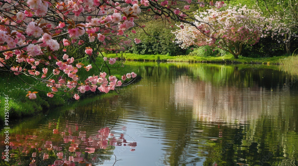 A serene pond reflecting cherry blossom trees in full bloom, creating a picturesque and serene setting.