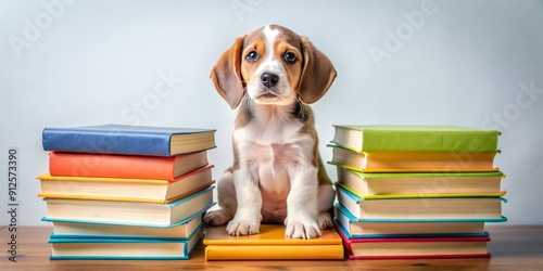 Adorable puppy sitting on a stack of colorful books, paws holding a favorite novel, surrounded by scattered papers and bookmarks in a cozy atmosphere. photo