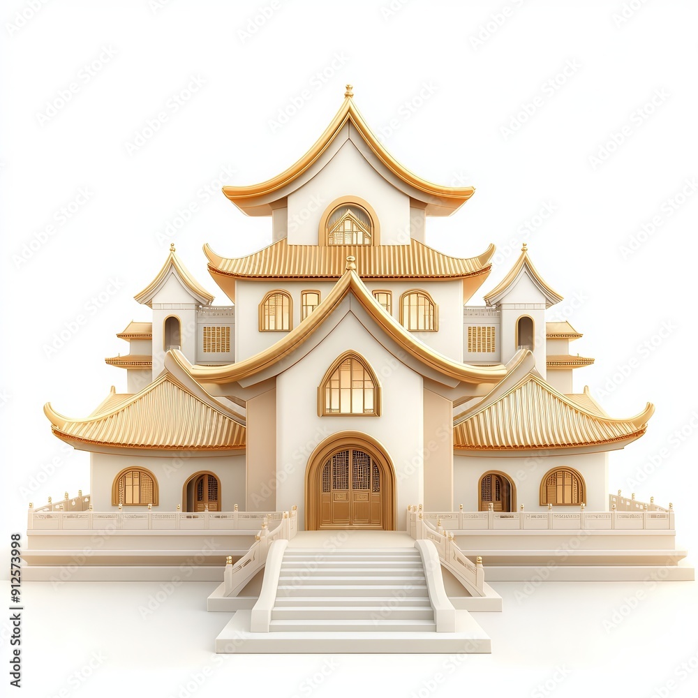 Elegant Asian-inspired temple with multiple ornate roofs, set on white backdrop. An icon of cultural architecture and spiritual serenity. Elegant Asian-inspired temple with multiple ornate roofs, set on white backdrop. An icon of cultural architecture and spiritual serenity.