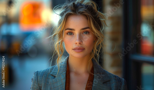 Wallpaper Mural A woman with blonde hair and blue eyes is standing in front of a building Torontodigital.ca