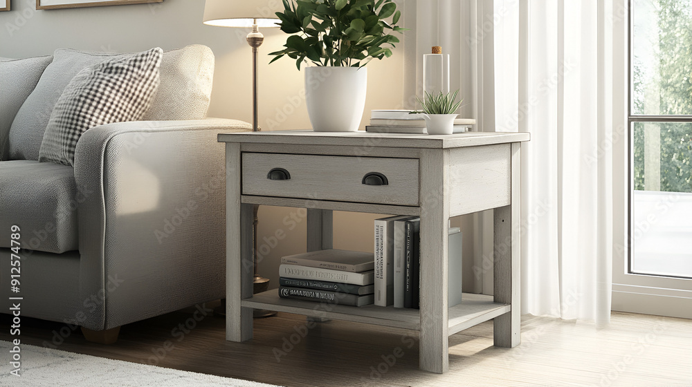 Light Gray Rustic Farmhouse End Table with Two Drawers, Open Shelf, and Plant in White Pot Light Gray Rustic Farmhouse End Table with Two Drawers, Open Shelf, and Plant in White Pot