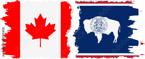 Wyoming and Canada grunge brush flags connection, vector