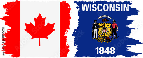 Wisconsin and Canada grunge brush flags connection, vector