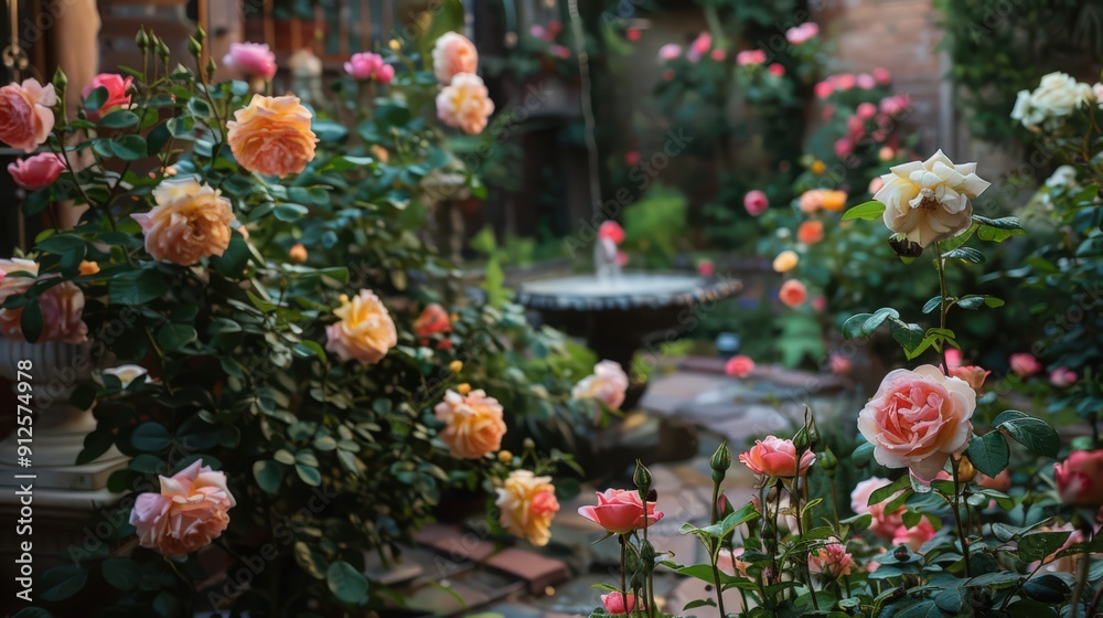 A tranquil garden bursts with blooming roses, creating a peaceful retreat in the midst of urban surroundings A tranquil garden bursts with blooming roses, creating a peaceful retreat in the midst of urban surroundings