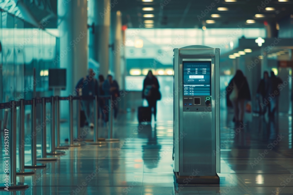 Empty self service check in machine standing in airport terminal with passengers and businesspeople walking by in the background Empty self service check in machine standing in airport terminal with passengers and businesspeople walking by in the background