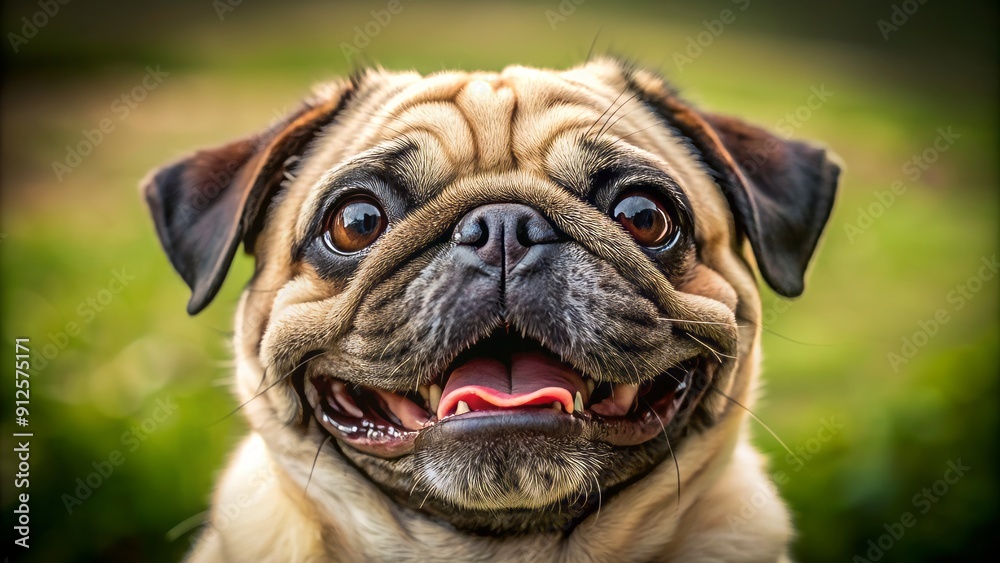 Adorable pug showcases unbridled joy, flaunting a toothy, tongue-out grin, its wrinkled face scrunched up in ultimate bliss, epitomizing carefree canine delight. Adorable pug showcases unbridled joy, flaunting a toothy, tongue-out grin, its wrinkled face scrunched up in ultimate bliss, epitomizing carefree canine delight.