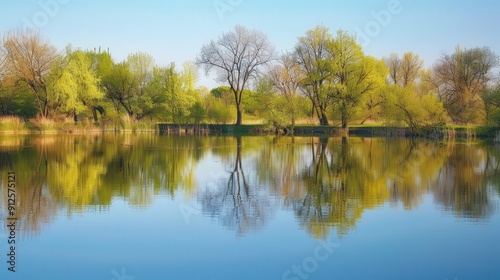 A tranquil lake reflecting the azure sky and the budding trees that line its shores, creating a serene springtime vista.