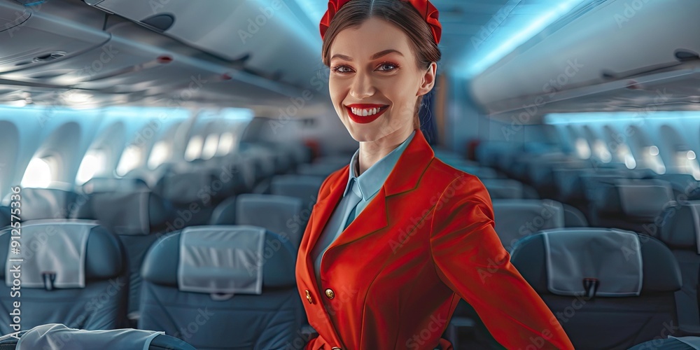 Smiling flight attendant in red suit on airplane. Smiling flight attendant in red suit on airplane.