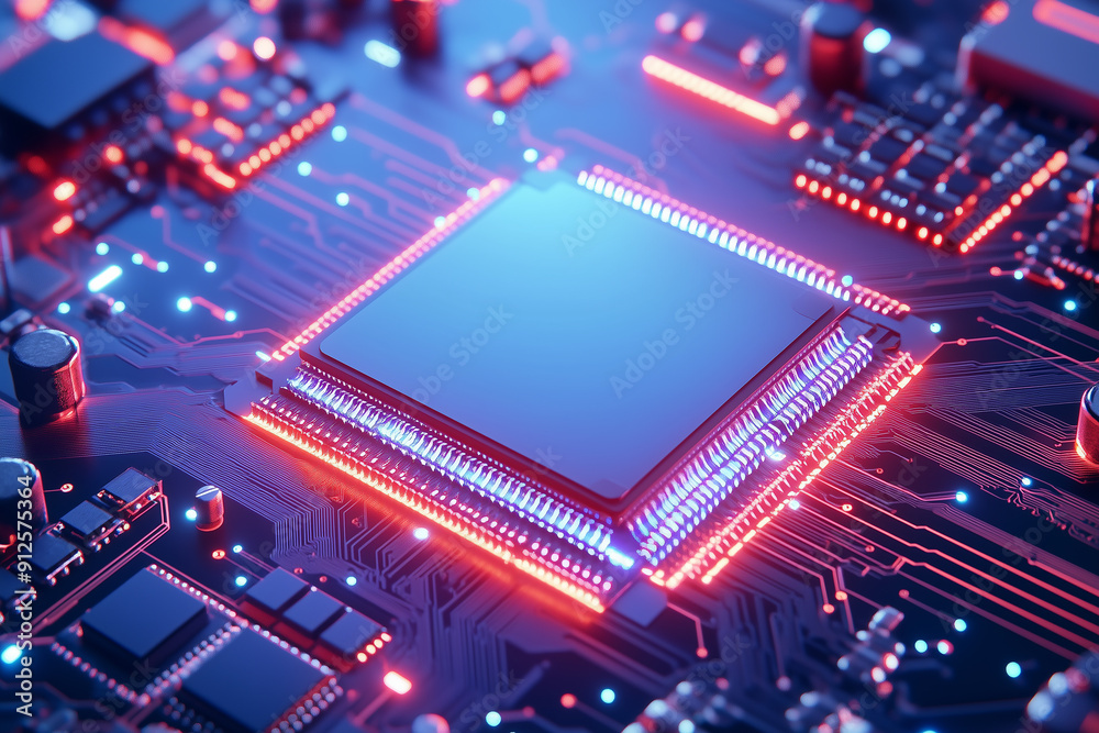 High-tech chip, close-up of the mainboard and integrated circuit, red glowing lights on dark background High-tech chip, close-up of the mainboard and integrated circuit, red glowing lights on dark background